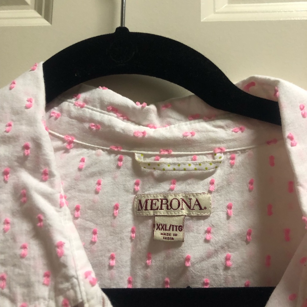 Fun white button down with pink polkadots
